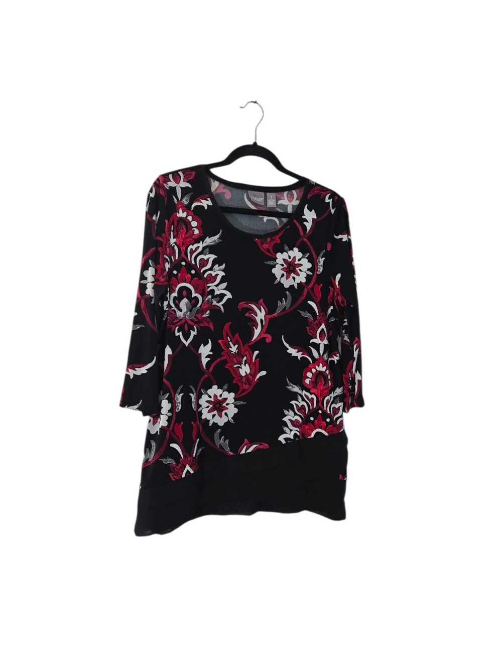 Chico's Women’s Black Floral Red & White Scoop Neck Top Sze 10